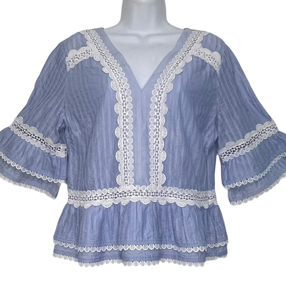 J Crew Blue Chambray Lace Peplum Blouse M Bell Sleeve Festival Cottagecore NWT - Picture 2 of 10